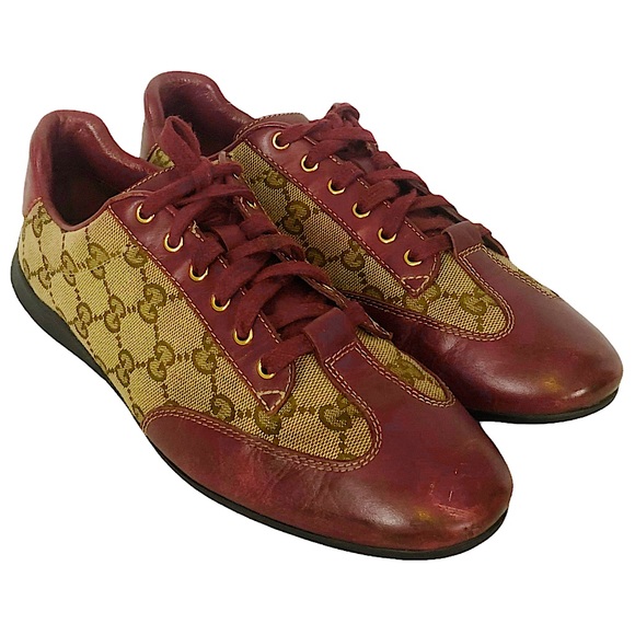 GUCCI Maroon Leather Tan Monogram Lace Up Sneakers 270105 - Picture 9 of 16